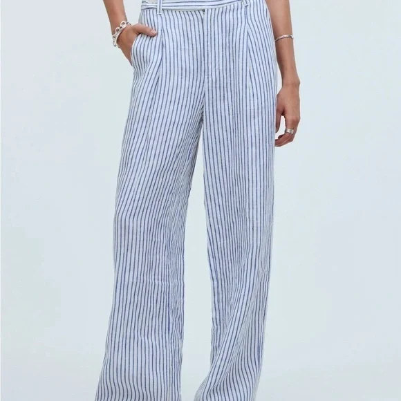 Madewell The Harlow Wide-Leg Pant in 100% Linen White/Blue Stripes Size 8 NWT